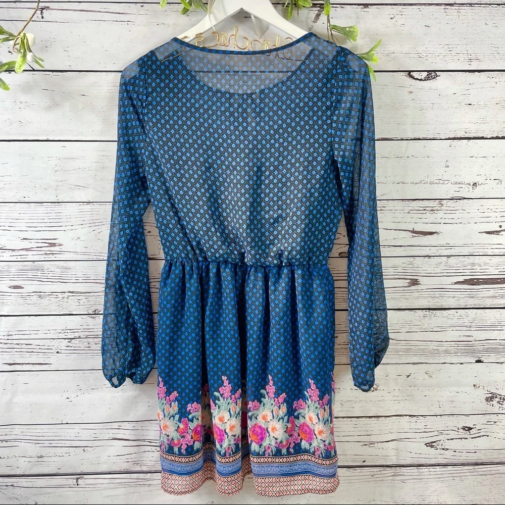 Mudd Long Sleeve Floral Blue and Black Dress. - Picture 2 of 12